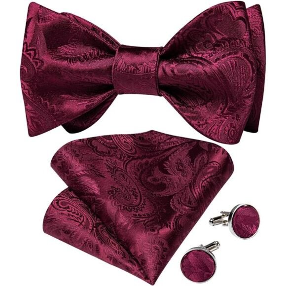 Men Bow Tie Paisley Striped 07 Wine Red - Picture 1 of 6